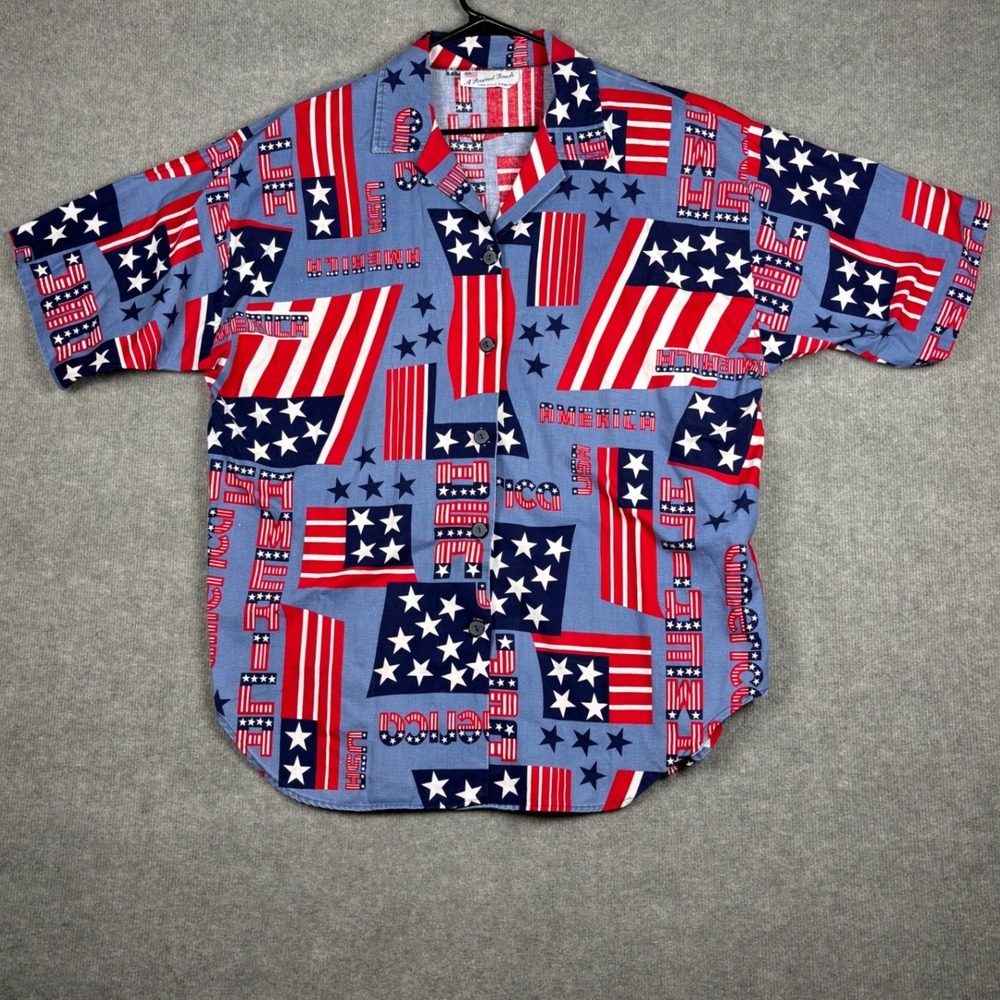 VTG A Personal Touch USA America Button Up Shirt Short Sleeve 24W Blue Red White